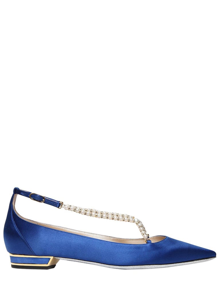 René Caovilla Royal Blue Embellished Strap Silk Satin Flats