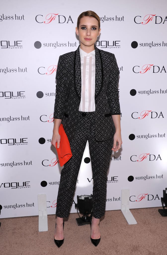Emma sported this sleek, pulled-together Nanette Lepore printed pantsuit for the Vogue Eyewear event in October 2012.