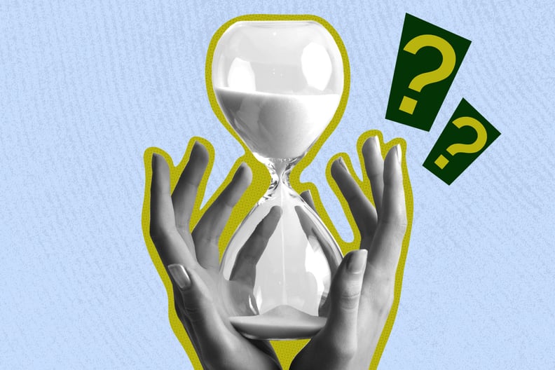 Collage depicting hands holding an hourglass and learning your death date.