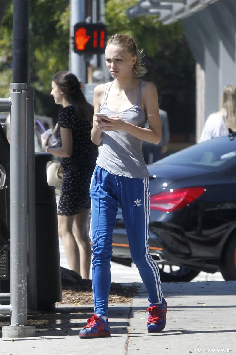 Lily-Rose Depp Wearing Blue Track Pants July 2016