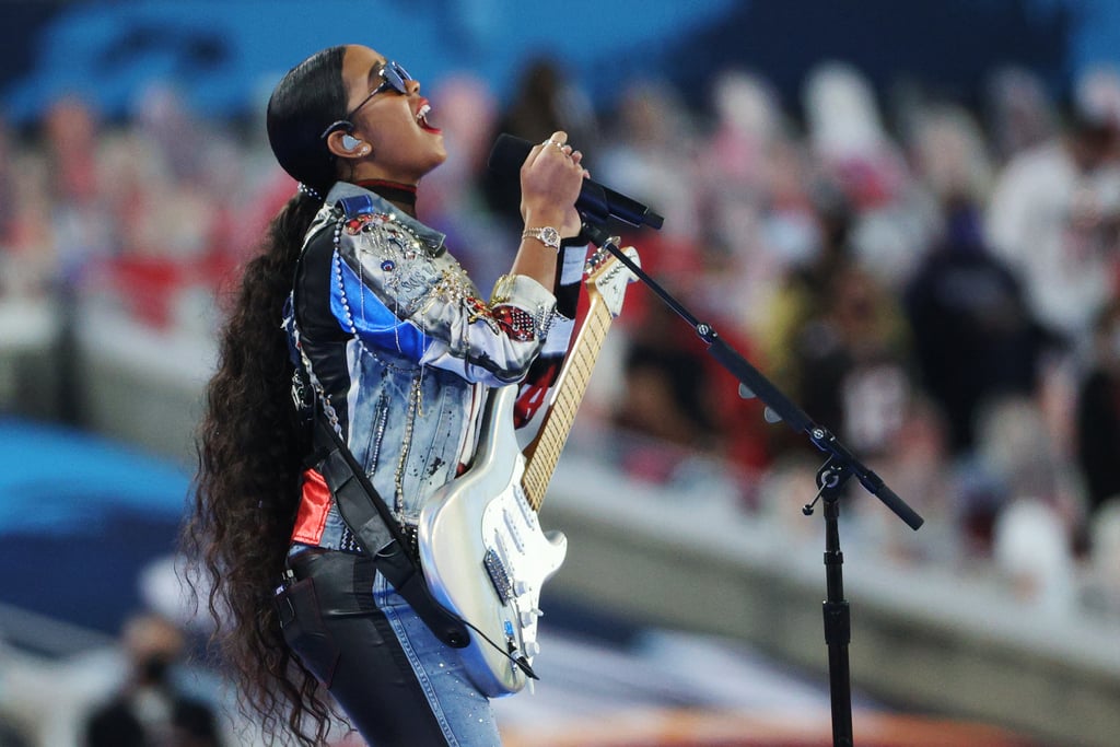 H.E.R's Super Bowl Outfit With Embellished Leather Jeans