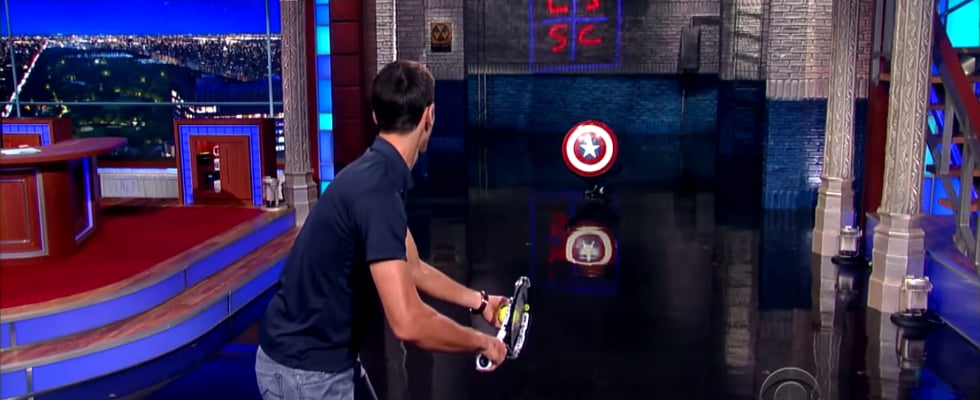 Novak Djokovic Serves Tennis Balls at Stephen Colbert