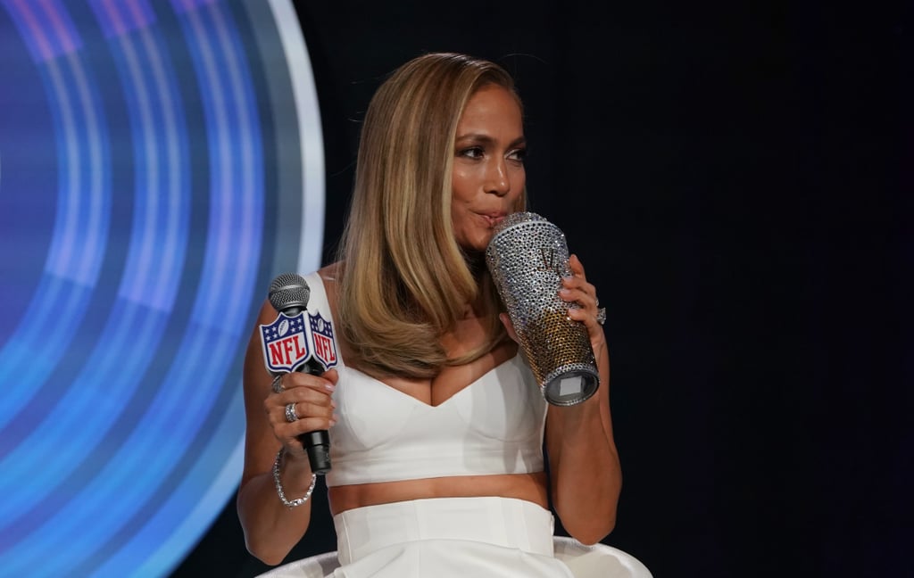 Jennifer Lopez's Football Clutch at Super Bowl Press Event