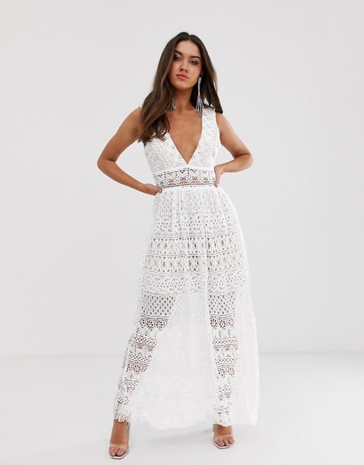 Love Triangle Plunge Front Delicate Lace Maxi Dress