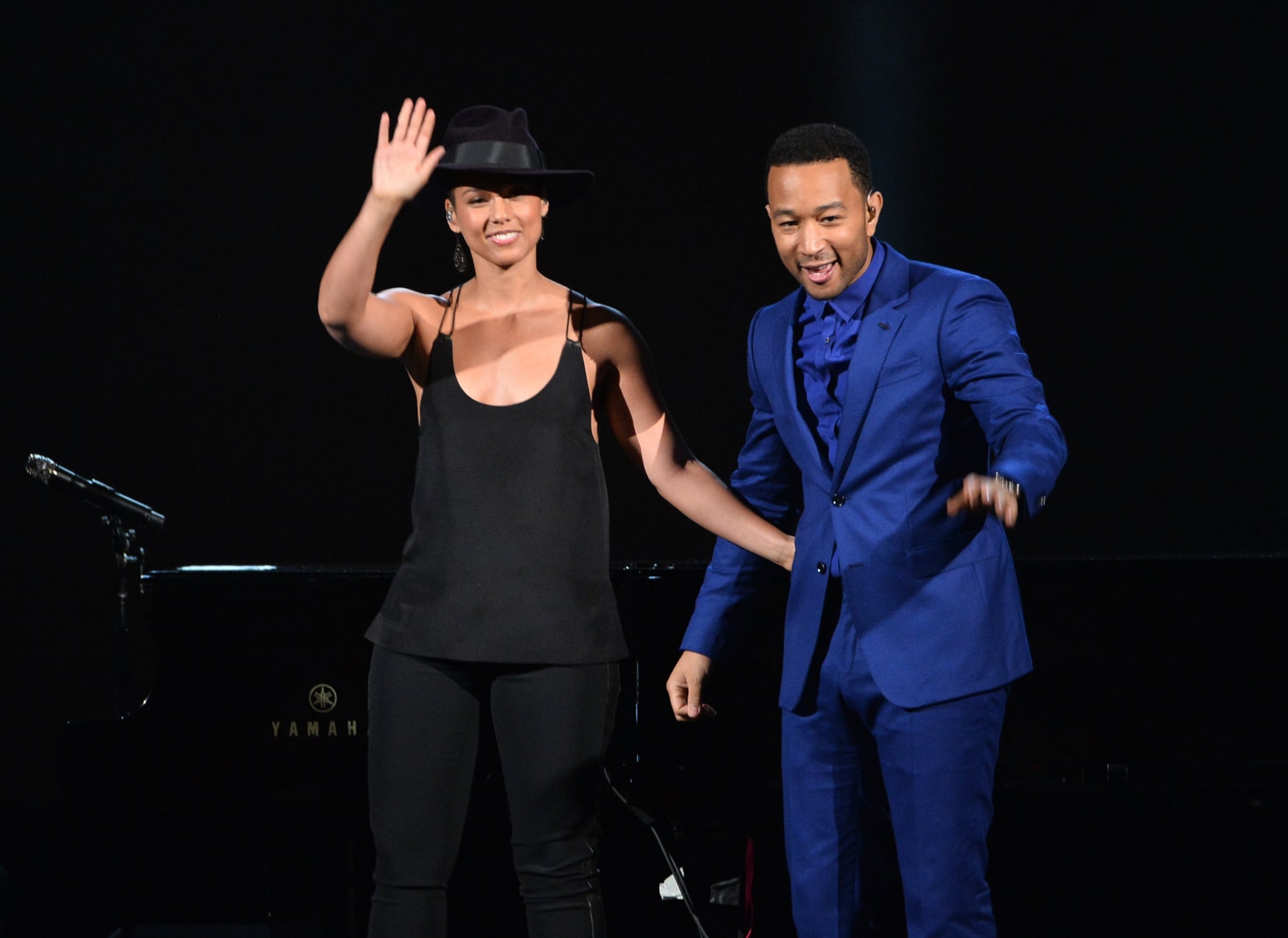 LOS ANGELES, CA - JANUARY 27:  Recording artists Alicia Keys (L) and John Legend perform onstage during 