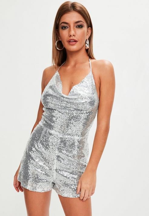 Missguided Silver Sequin Cowl Detail Romper