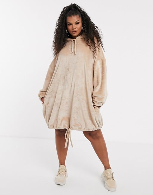 ASOS Design Curve Velour Hoodie Dress in Camel