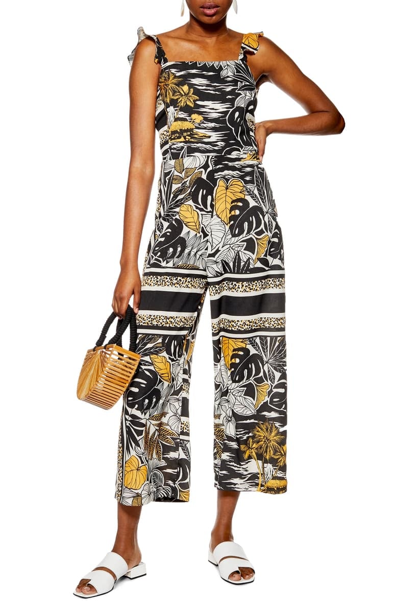 Topshop Sleeveless Island Print Jumpsuit