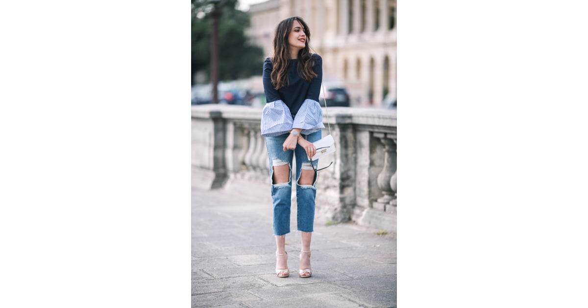 With a pretty, frilly top to counter the distressing | Jeans Outfit ...