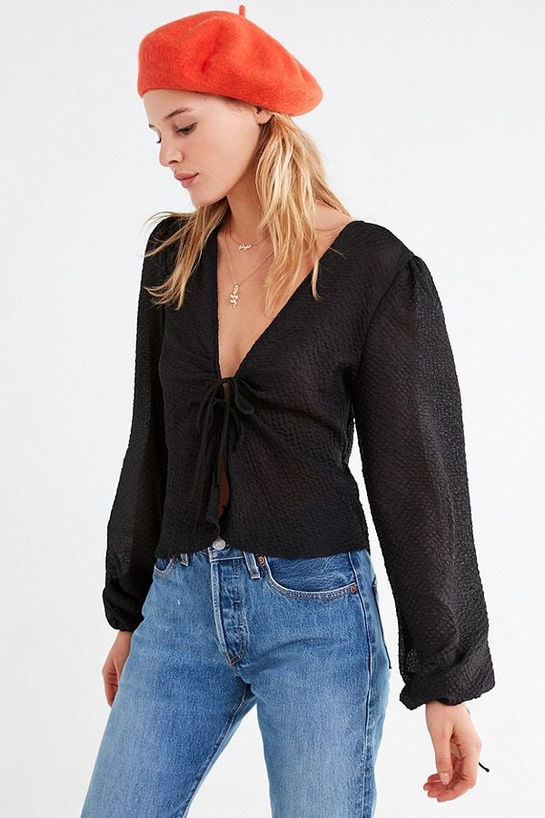 UO Cinnamon Tie-Front Balloon Sleeve Blouse