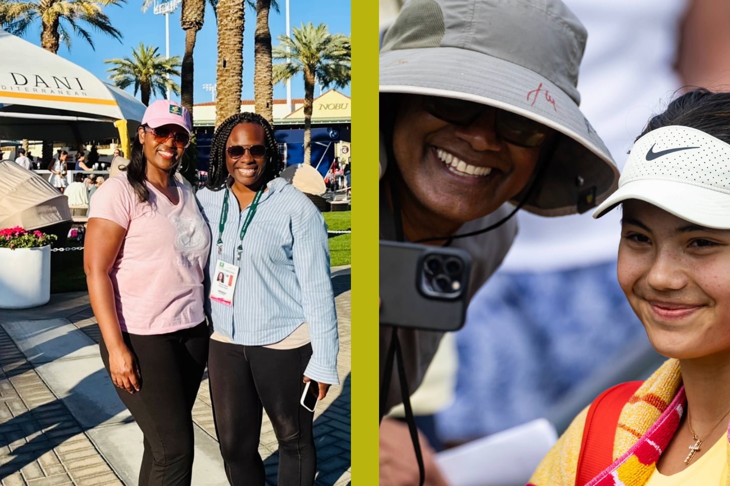 Ralinda Watts at the BNP Open next to a photo of a fan taking a picture with Emma Raducanu.