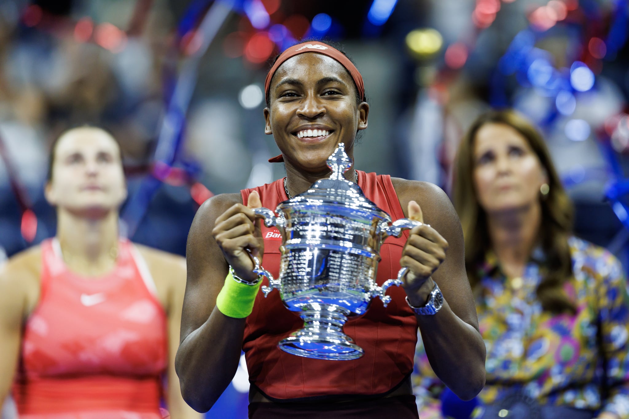 NEW YORK, NEW YORK - SEPTEMBER 09: Coco Gauff celebrates with the trophy after her victory over Aryna Sabalenka of Russia in the women's final of US Open at the USTA Billie Jean King National Tennis Center on September 09, 2023 in New York City. (Photo by Frey/TPN/Getty Images)