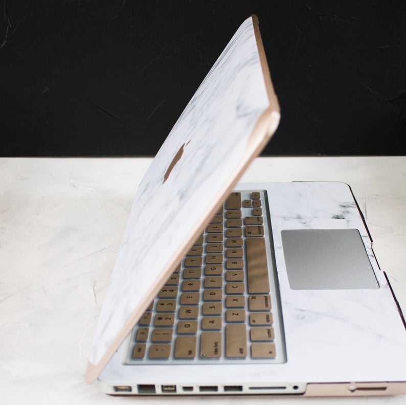 Gold and Logo White Marble MacBook Hard Case