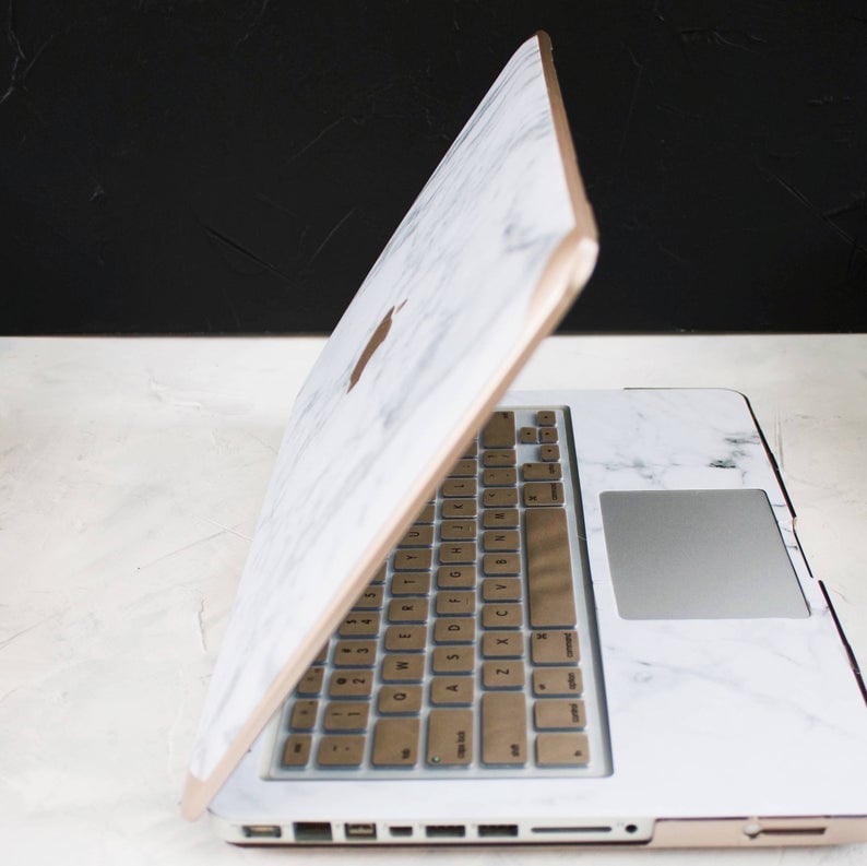 Gold and Logo White Marble Macbook Hard Case