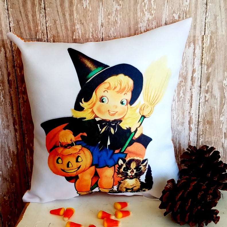 Cute Vintage Kitsch Halloween Witch Pillow