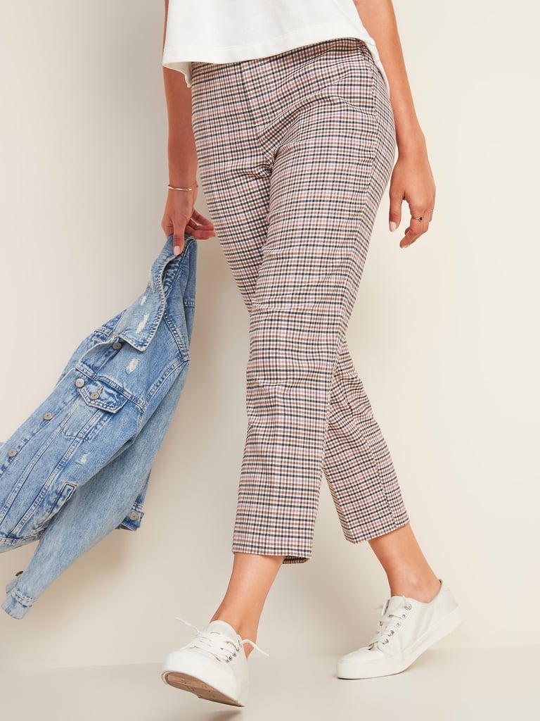 Mid-Rise Straight Plaid Pull-On Ankle Pants