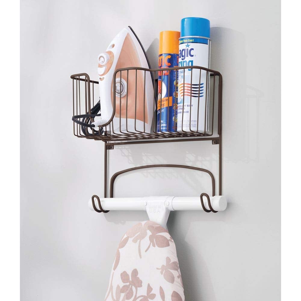 mDesign Wall Mounted Ironing Board Holder and Storage Basket