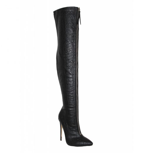 Our Pick: Simmi London Candice Black Croc Front Zip Thigh High Boots
