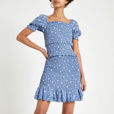 River Island Blue Spot Shirred Mini Skirt
