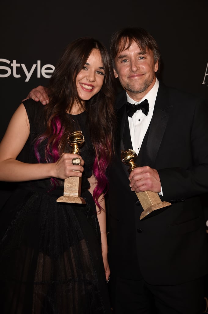 Director Richard Linklater and his daughter, actress Lorelei Linklater, posed with their trophies at the InStyle and Warner Bros. Golden Globes afterparty.