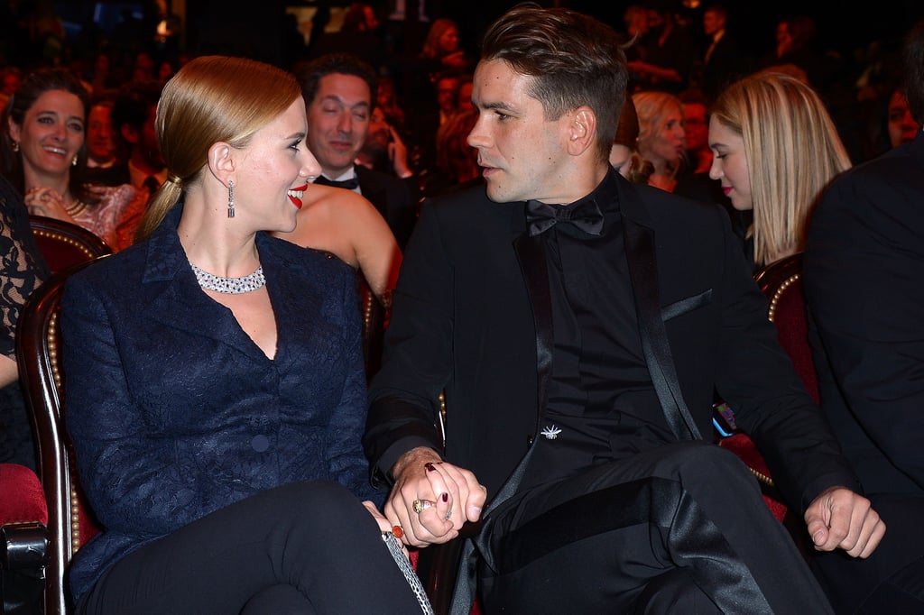 Scarlett shared a smiley moment with Romain at the César Awards in Paris in February 2014.