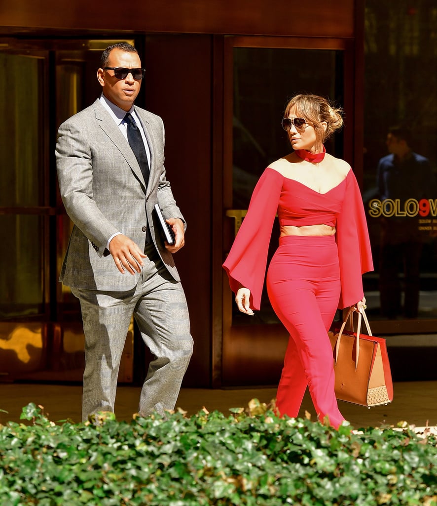 Jennifer Lopez Red Crop Top and Pants Outfit April 2017
