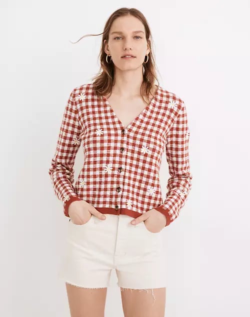 Daisy Embroidered Gingham Cardigan Sweater