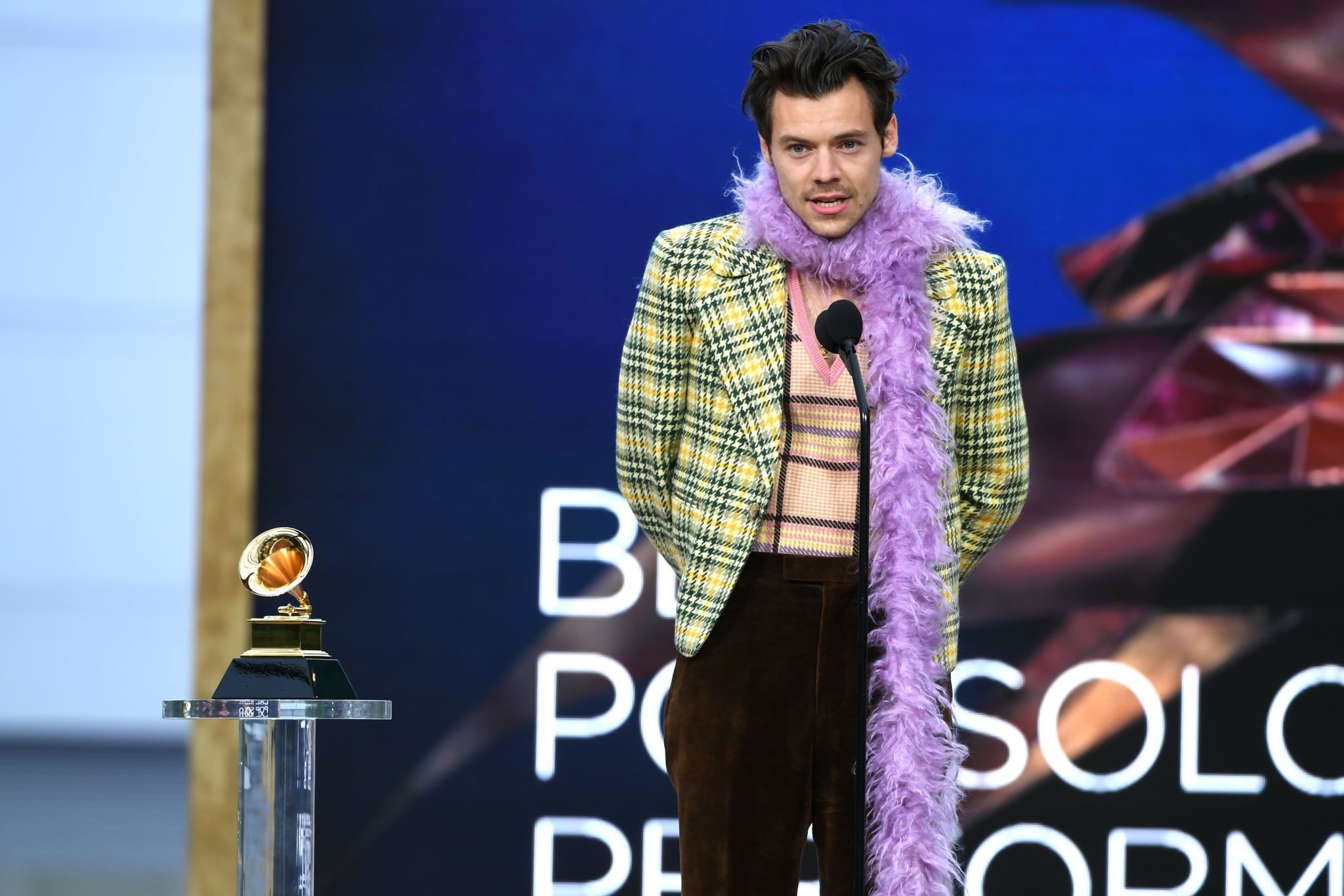 LOS ANGELES, CALIFORNIA - MARCH 14: Harry Styles accepts the Best Pop Solo Performance award for 'Watermelon Sugar' onstage during the 63rd Annual GRAMMY Awards at Los Angeles Convention Centre on March 14, 2021 in Los Angeles, California. (Photo by Kevin Winter/Getty Images for The Recording Academy)