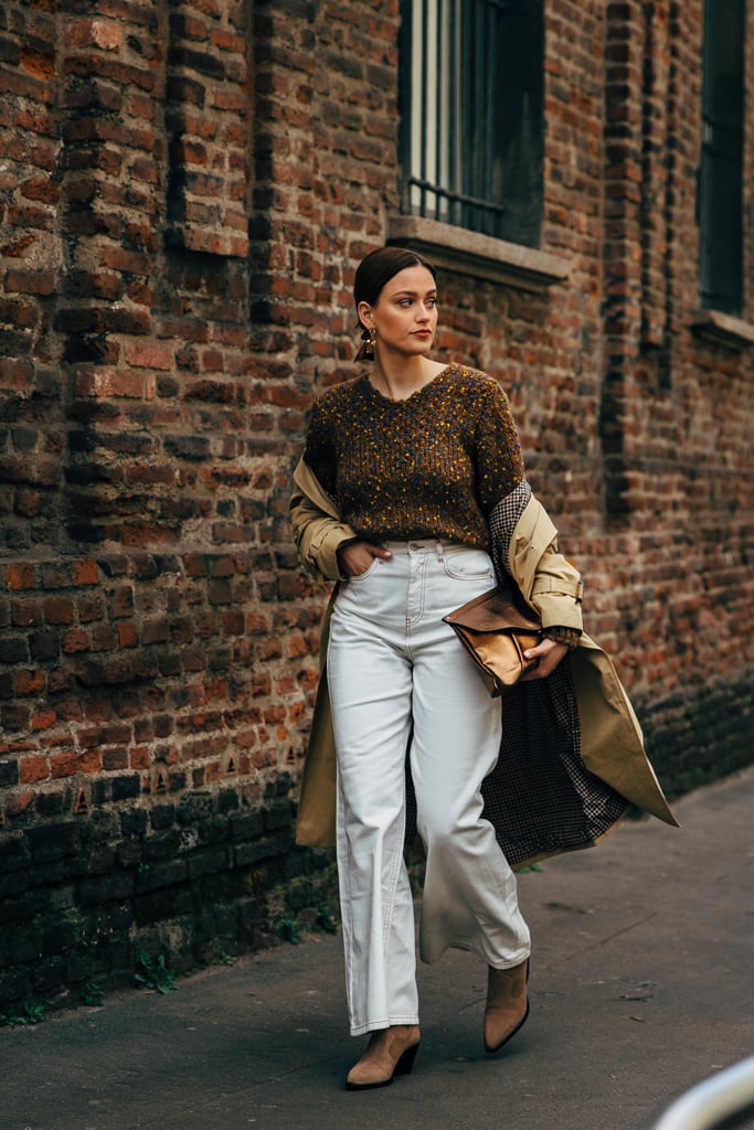 With a Brown Sweater, Trench Coat, and Suede Boots | How to Wear White ...