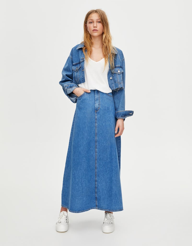 floor length denim skirt