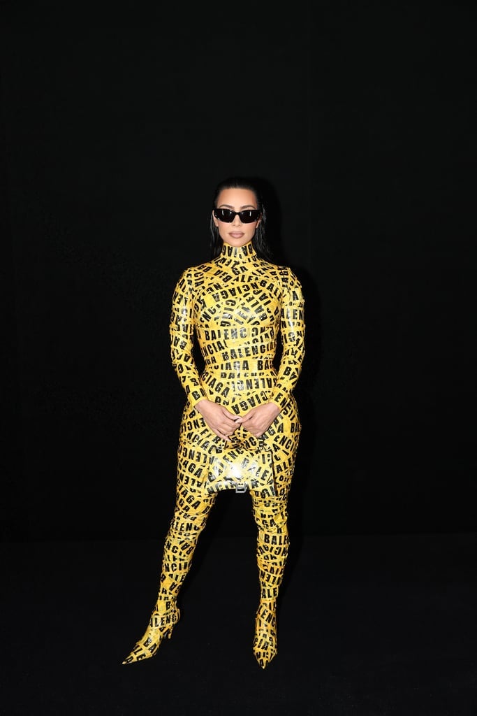 Kim Kardashian Wearing Balenciaga's Caution-Tape Catsuit