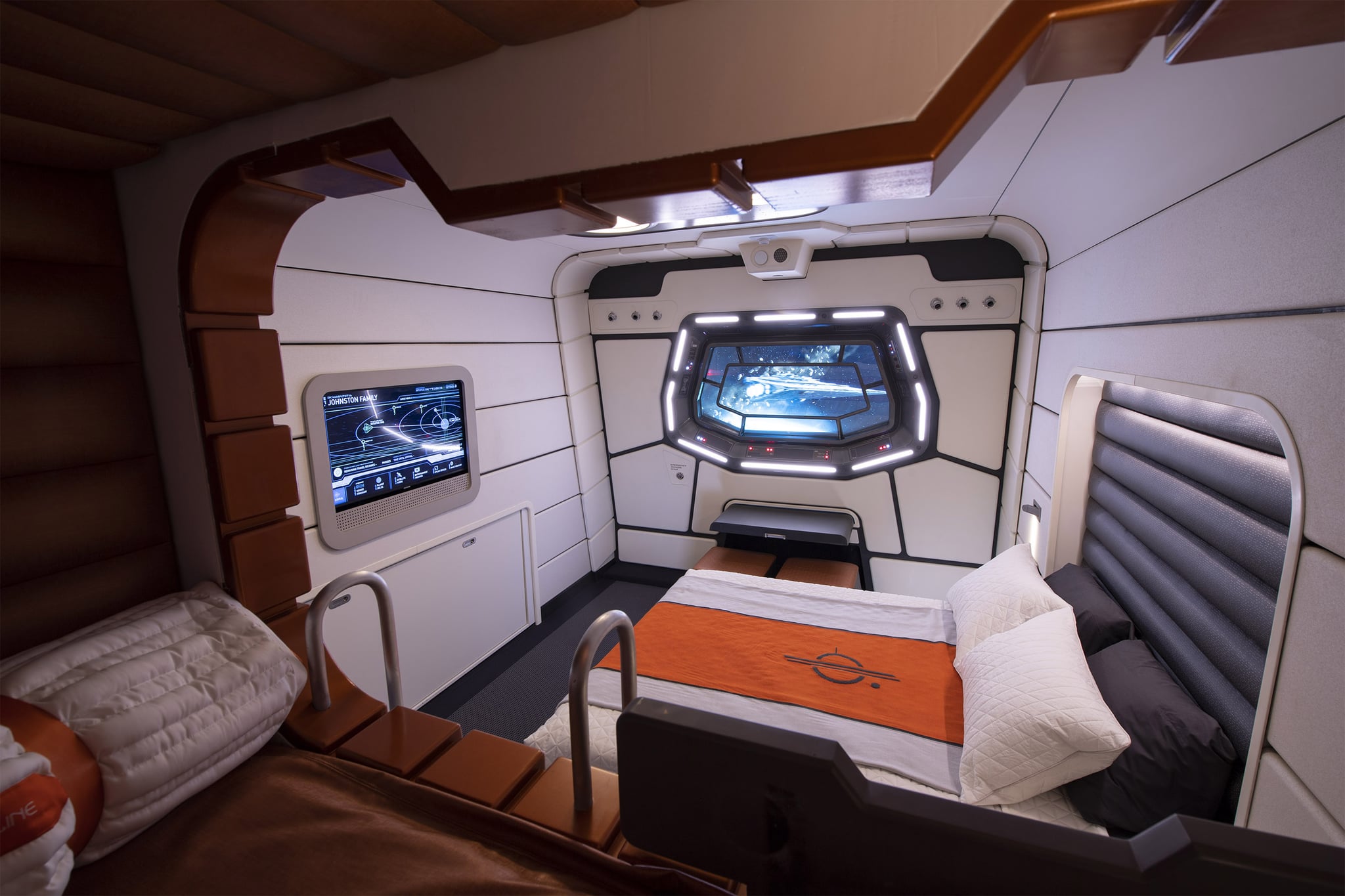 In a galaxy far, far away, progress continues on Star Wars: Galactic Starcruiser at Walt Disney World Resort in Lake Buena Vista, Fla., where guests will live aboard a starship for a two-day, two-night immersive adventure. This mock-up of a starship cabin shows the well-appointed accommodations guests will experience during their stay. (David Roark, photographer)