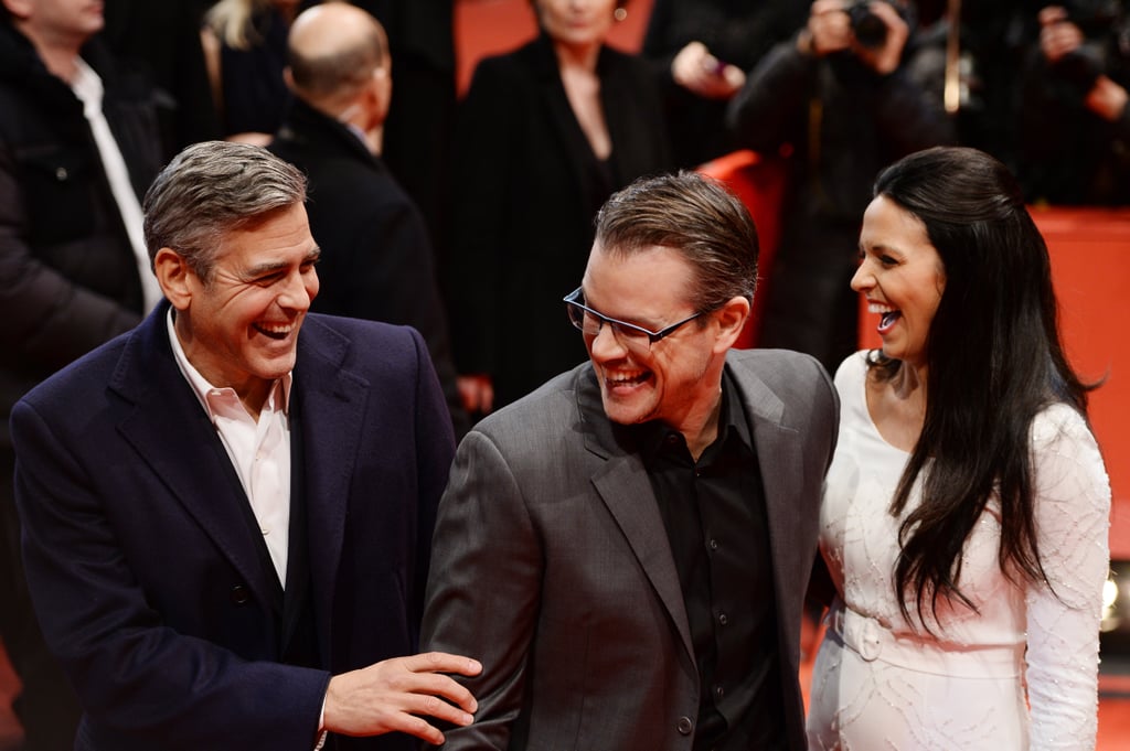 George Clooney had a good laugh with Matt Damon and his wife, Luciana, at the Monuments Men event in Berlin on Saturday.