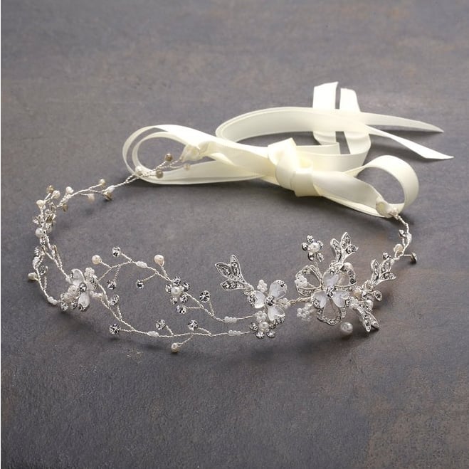 Mariell Freshwater Pearl and Crystal Wedding Headband Hair Vine with Ribbons ($43)