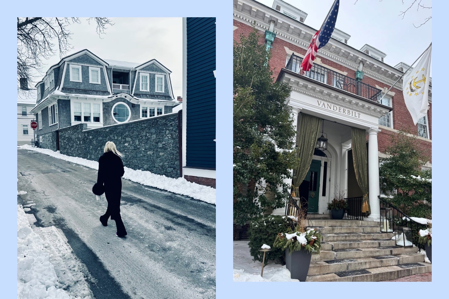 collage of woman walking in snow and photo of the Vanderbilt hotel in Newport