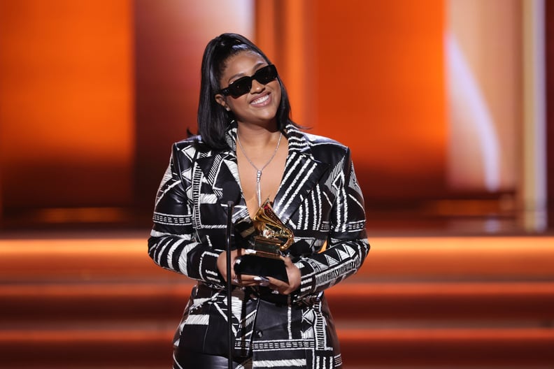 LAS VEGAS, NEVADA - APRIL 03: Jazmine Sullivan accepts the Best R&B Album award for 'Heaux Tales' onstage during the 64th Annual GRAMMY Awards at MGM Grand Garden Arena on April 03, 2022 in Las Vegas, Nevada. (Photo by Rich Fury/Getty Images for The Recor