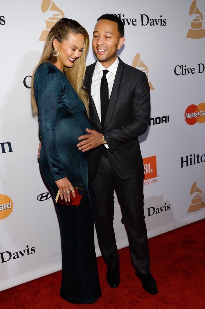 Chrissy Teigen Wearing a Teal Dress at Pre-Grammys Party