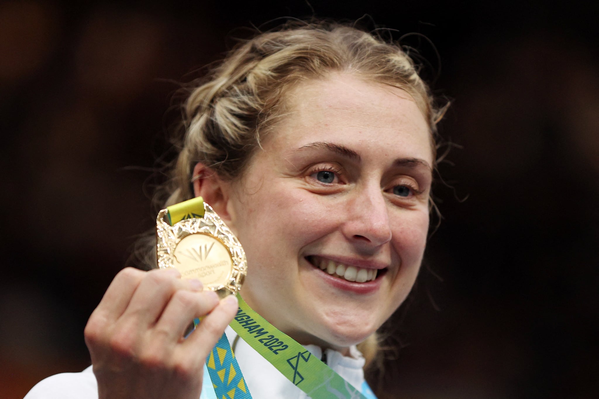 Gold medallist England's Laura Kenny celebrates during the medal presentation ceremony for the women's 10km scratch race on day four of the Commonwealth Games, at the Lee Valley VeloPark in east London, on August 1, 2022. (Photo by ADRIAN DENNIS / AFP) (Photo by ADRIAN DENNIS/AFP via Getty Images)