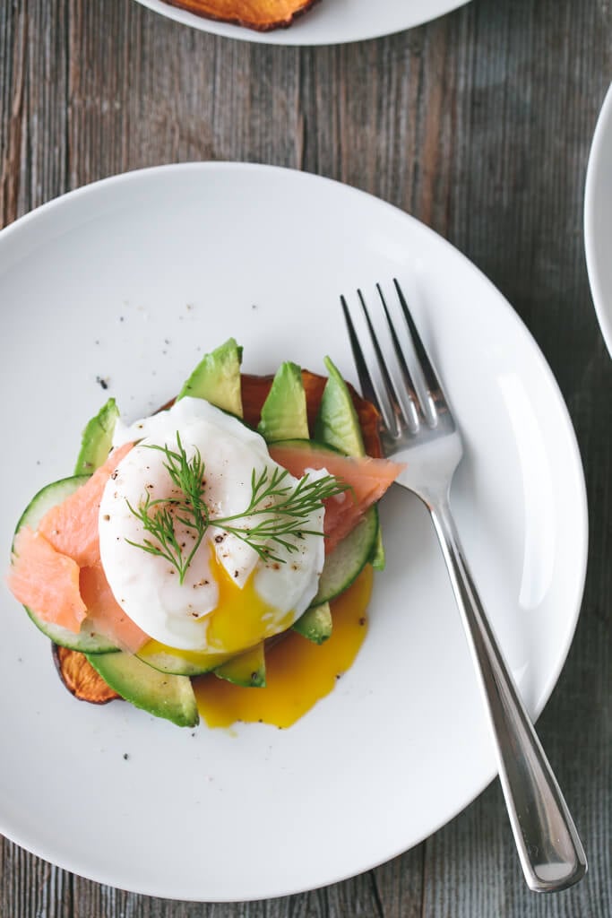Sweet Potato Toast With Avocado, Cucumber, Smoked Salmon, and Poached Egg