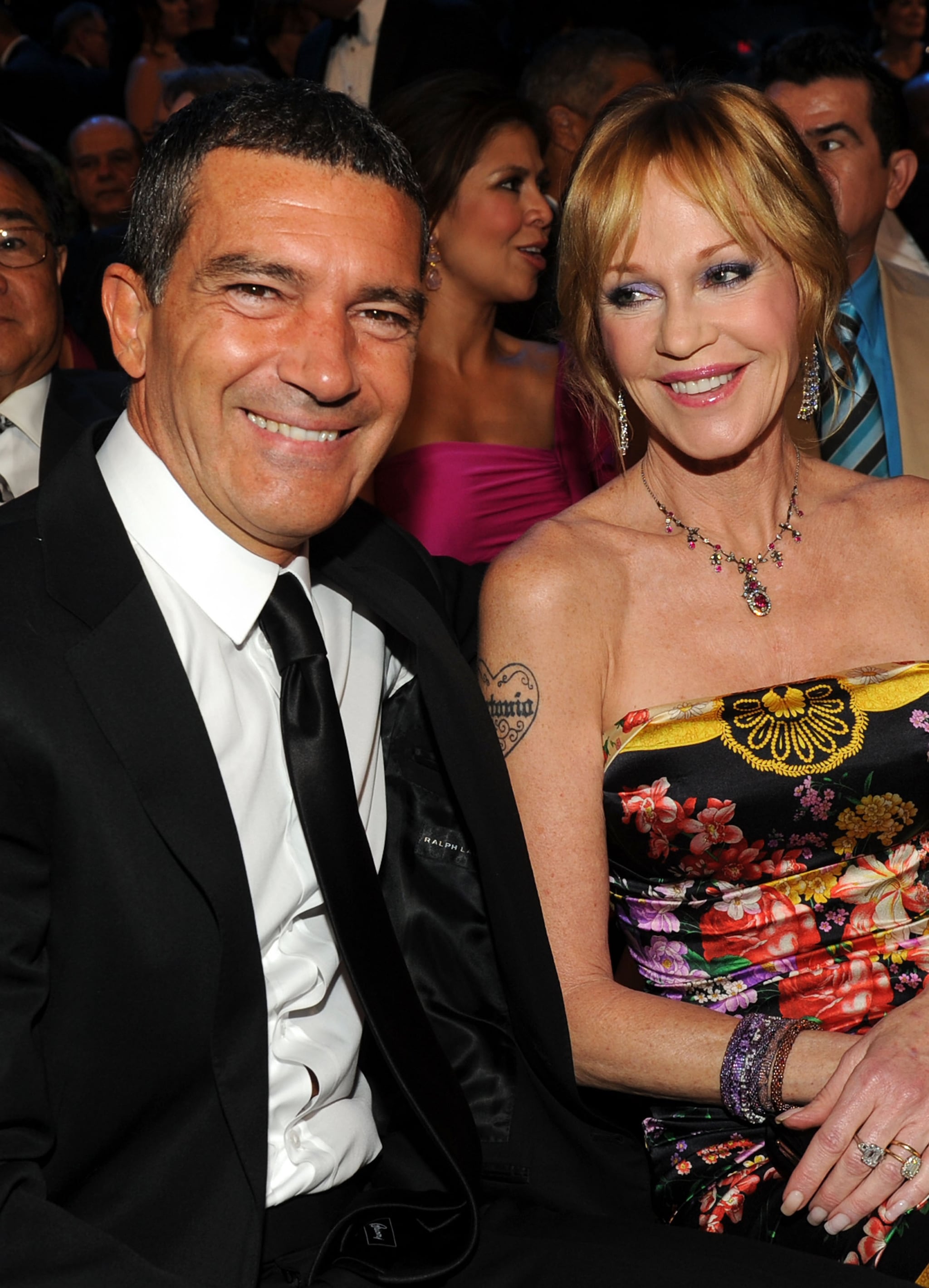 SANTA MONICA, CA - SEPTEMBER 10:  Actors Antonio Banderas (L) and Melanie Griffith pose in the audience during the 2011 NCLR ALMA Awards held at Santa Monica Civic Auditorium on September 10, 2011 in Santa Monica, California.  (Photo by Kevin Winter/Getty Images for NCLR)