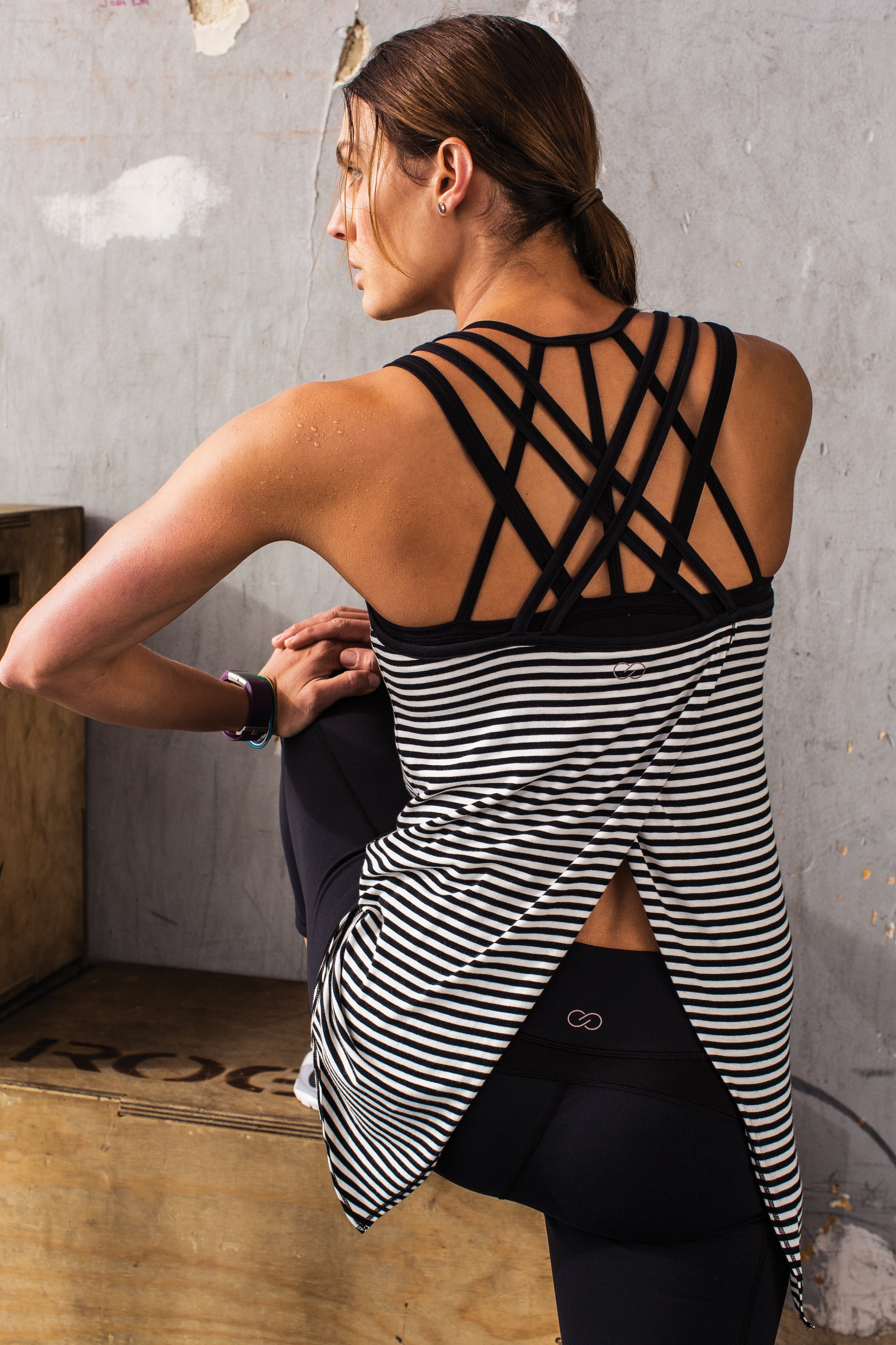 Calia White & Black Striped Workout Shirt with Built in Black Bra