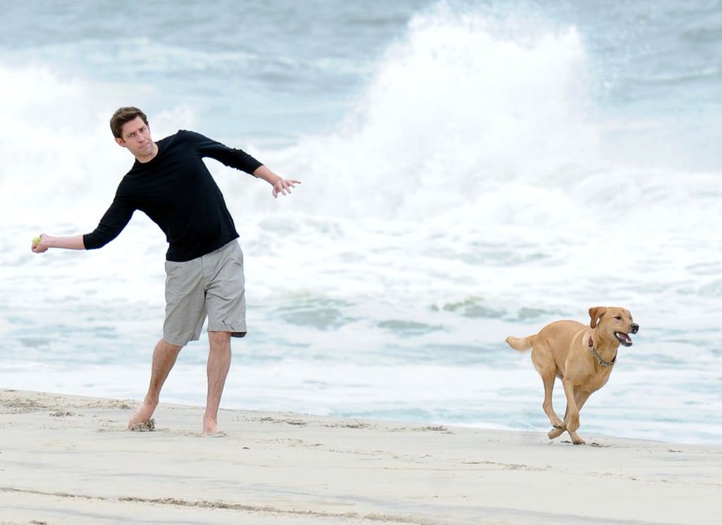John Krasinski's faithful companion, Finn, played fetch with him on the beach in the Hamptons in May 2010.
