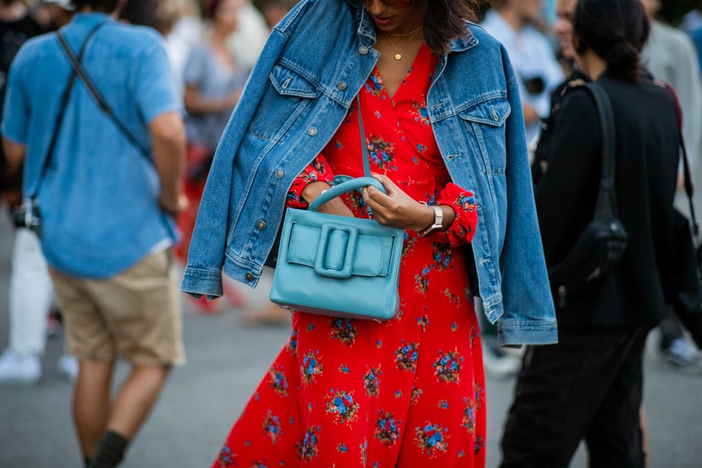 What better way to temper a punchy dress and bright bag than with a classic blue jean jacket?