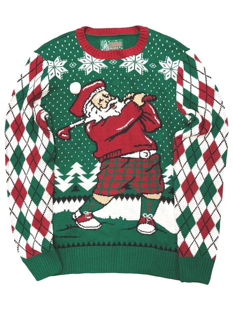 Mens Green Light Up Santa Claus Golf Ugly Christmas Holiday Sweater