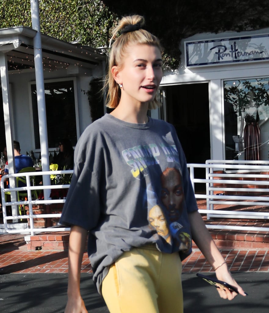 Hailey Baldwin Snoop Dogg Shirt and Yellow Sweatpants