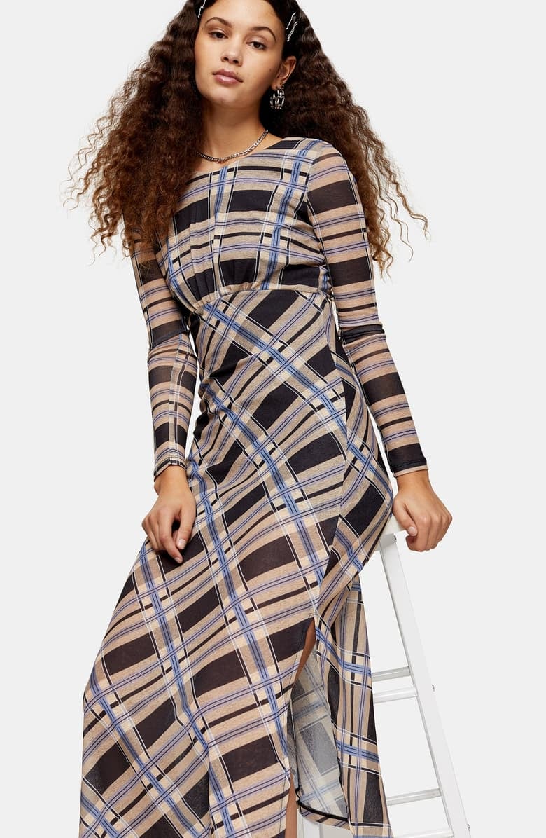 Topshop Check Print Long-Sleeve Midi Dress