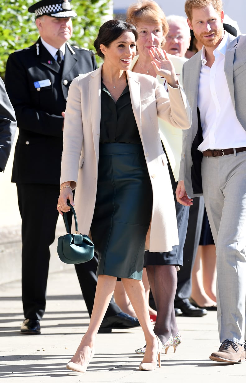 ‎Meghan Markle Carrying a Gabriela Hearst Demi Emerald Satin Tote Bag