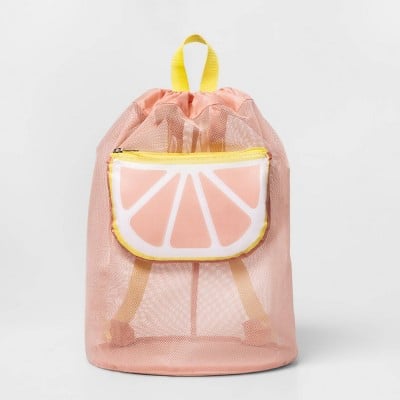 Mesh Cinch Bag With Grapefruit Pocket Tote Pink