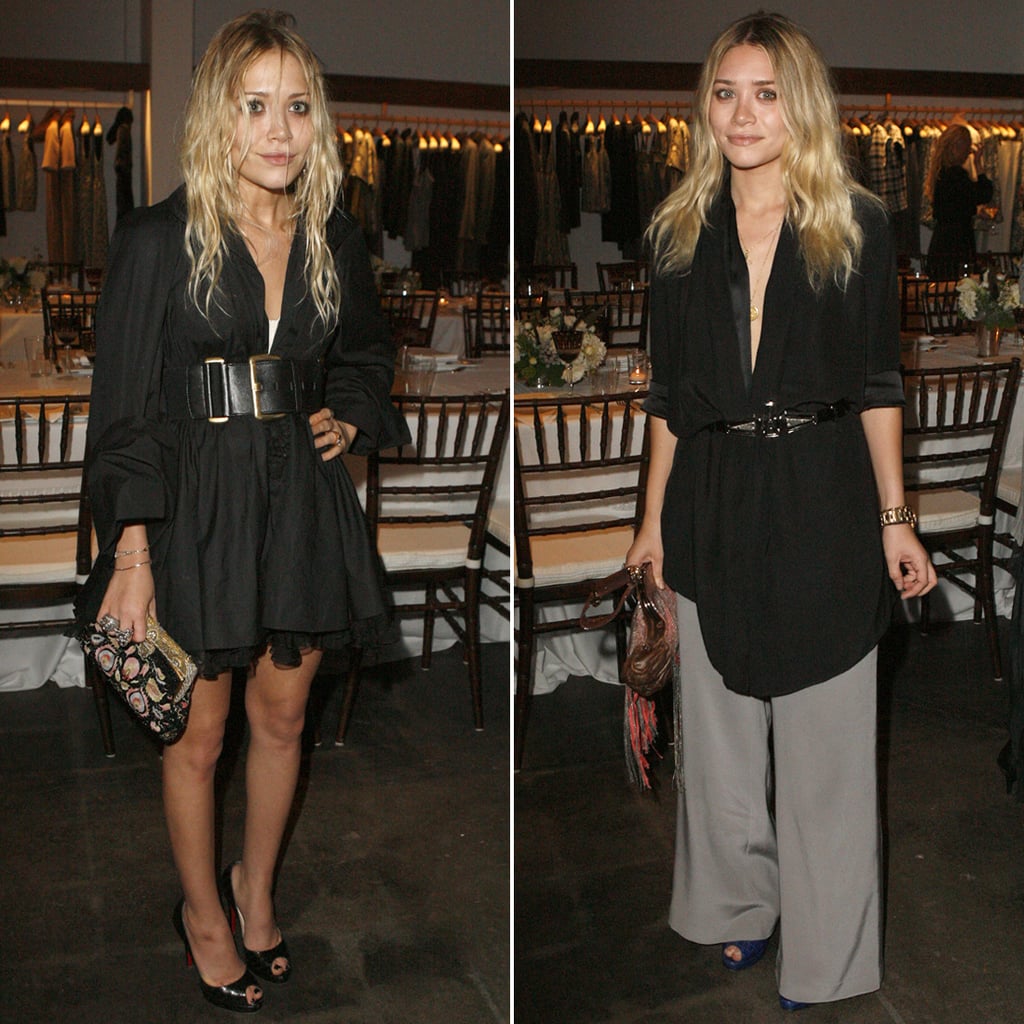 Twinning combo: The sisters donned draping black separates for the LA Jenni Kayne store opening in October 2007.

Mary-Kate added a wide leather belt to her ruffled coatdress and peep-toe Christian Louboutins.
Ashley slipped a pair of wide-leg gray trousers under her silky black blazer.