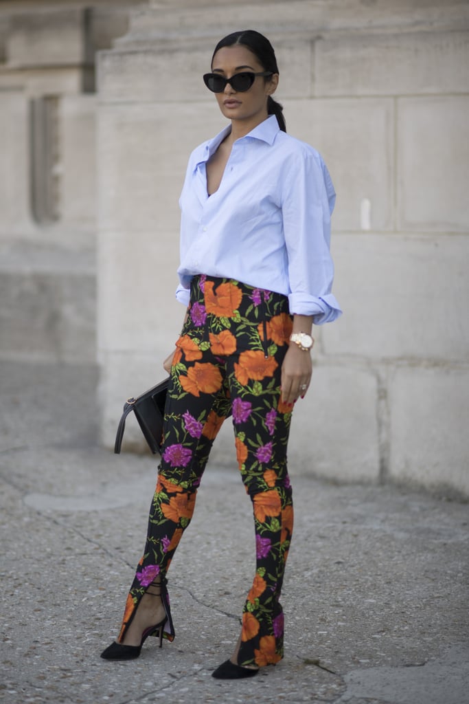 The new way to wear your blue button-down is with floral pants.
The new way to wear your blue button-down is with floral pants.